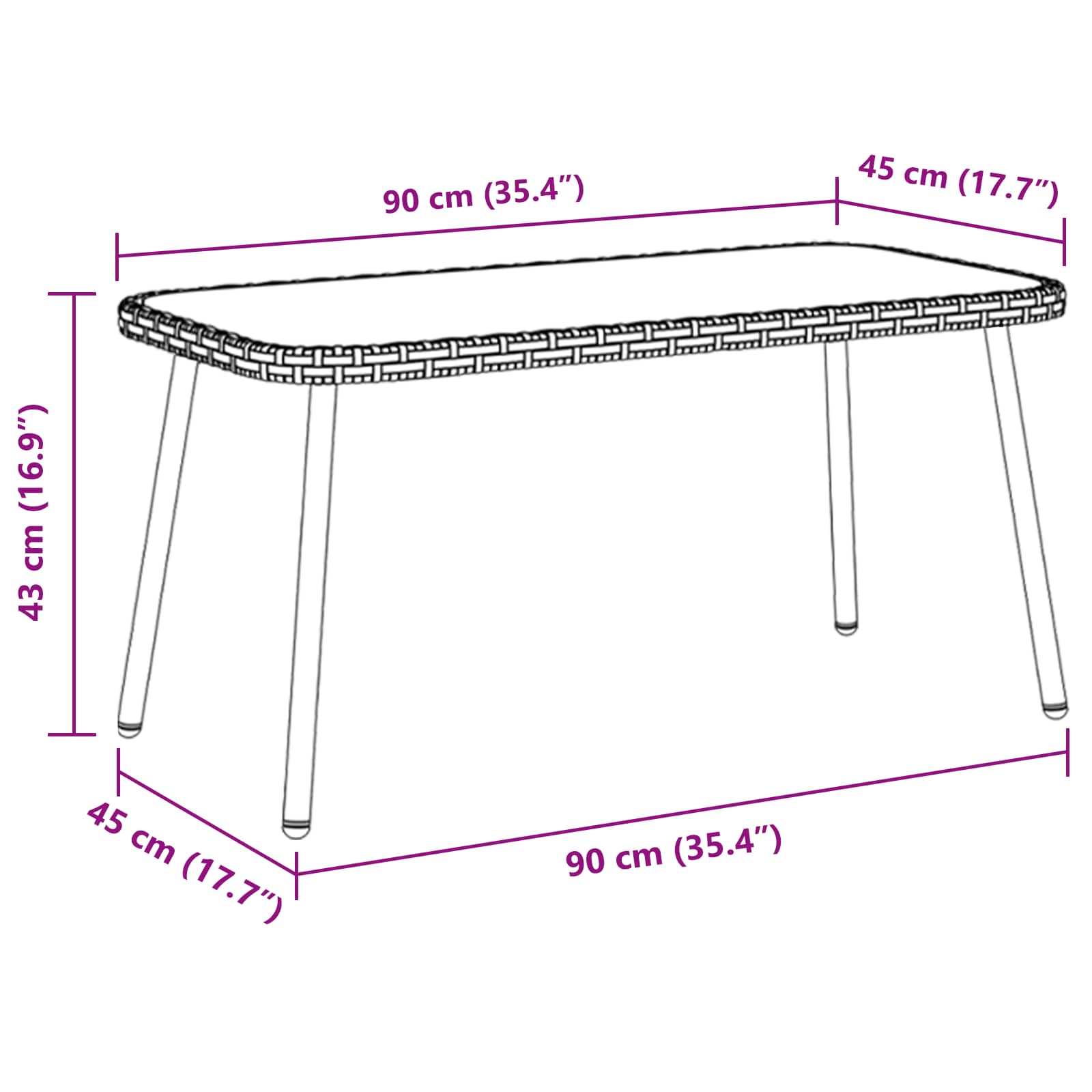 vidaXL Coffee Table Black 90 x 45 x 43 cm Poly Rattan 6