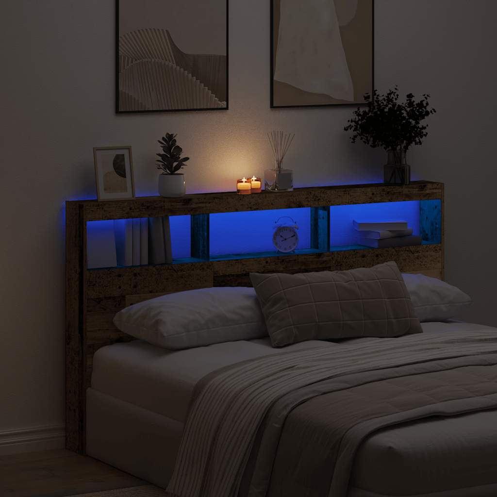 Headboard Cabinet with LED 180 x 17 x 102 cm Old wood