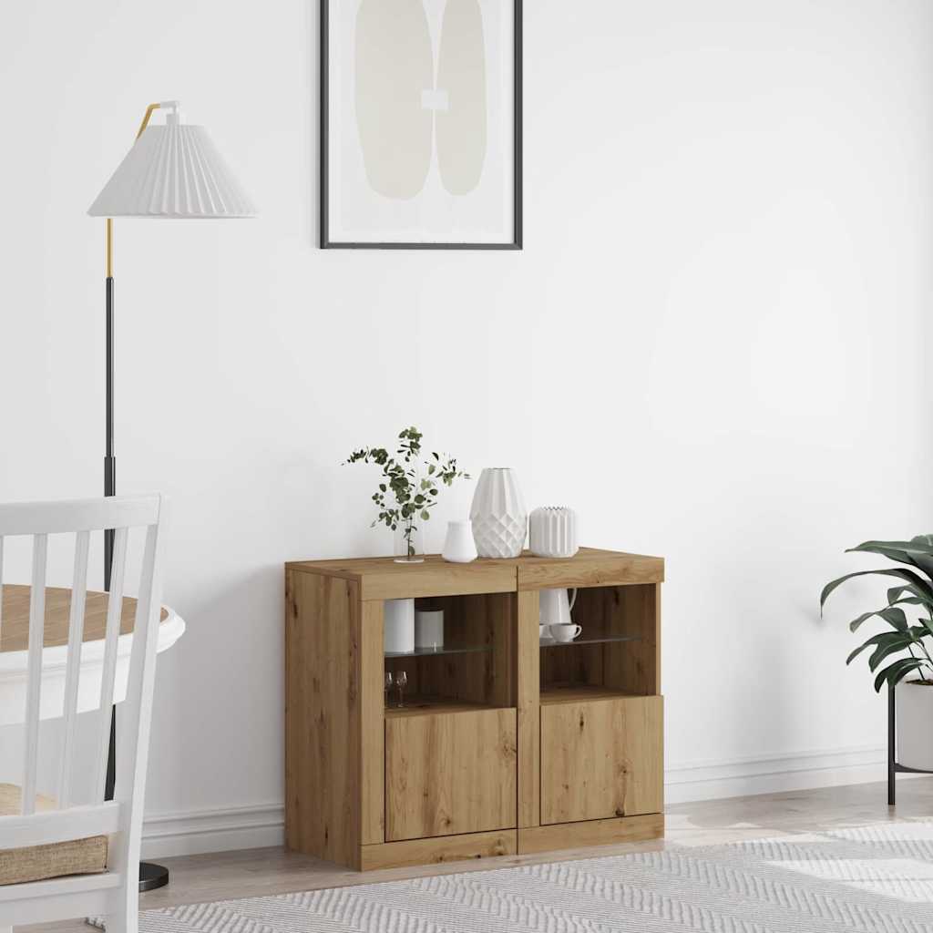 Side Cabinet with LED Lights Engineered Wood in Artisan Oak