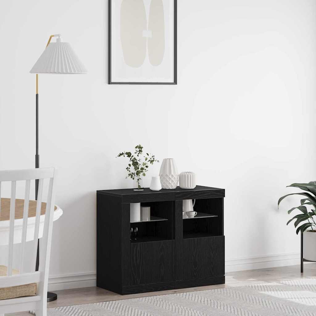 Side Cabinet with LED Lights Engineered Wood in Black Oak