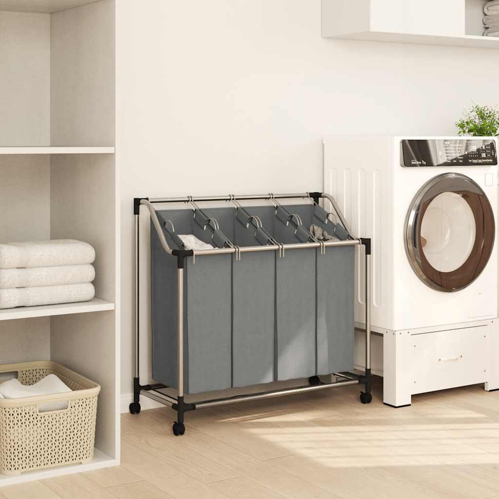 vidaXL Laundry Basket with Wheels 4 Compartments Grey 3