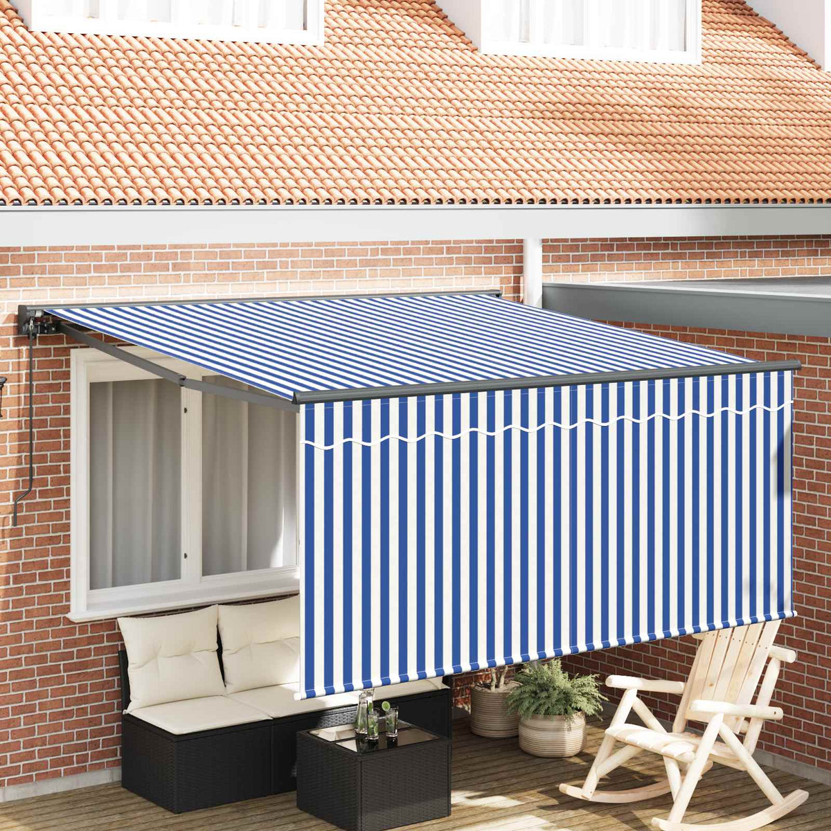 Manual Awning 100% Polyester Anthracite 3 m 2.5 m Blue and White Stripe