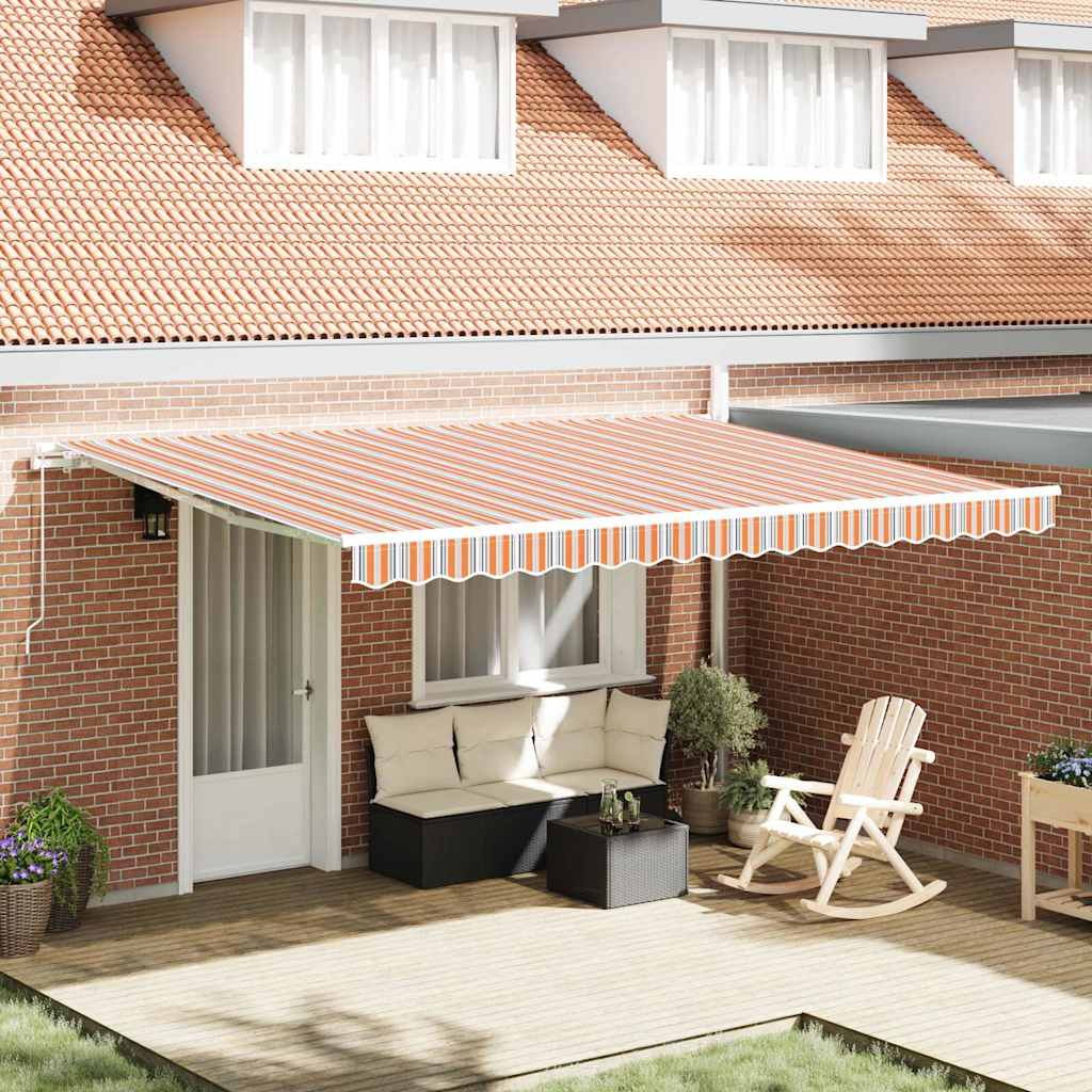 Manual Awning 4.5 x 3.5 m 100% Polyester with White Frame Drop 350 cm Width 450 cm Orange/grey/blue/white
