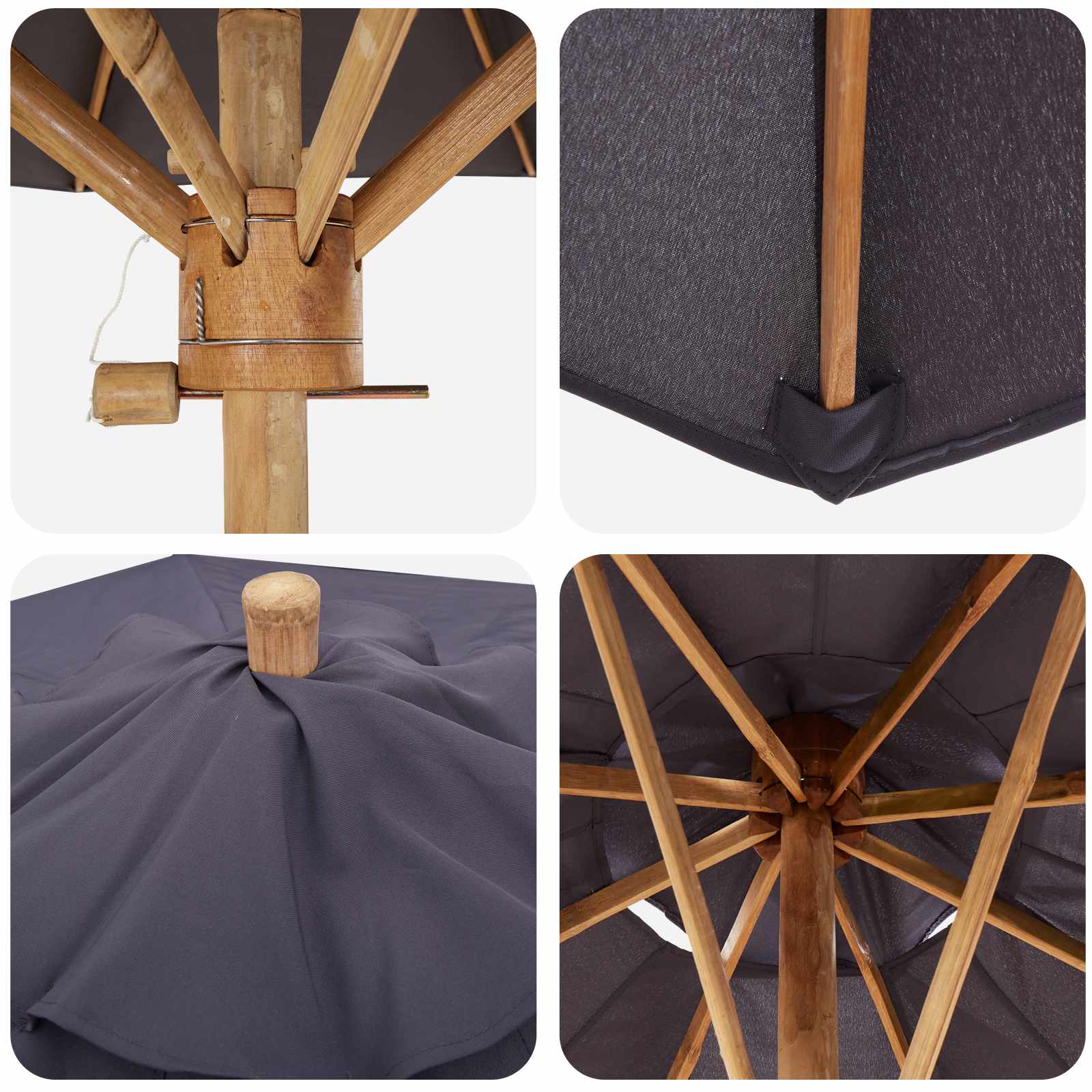 vidaXL Garden Parasol Ø 180 x 230 cm Bamboo Round Dark Grey 6