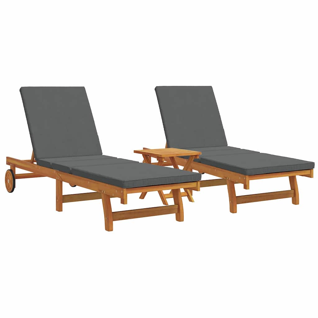 Sun Lounger 2 pcs Solid Acacia Wood Brown Dark Grey 2x sun lounger +table