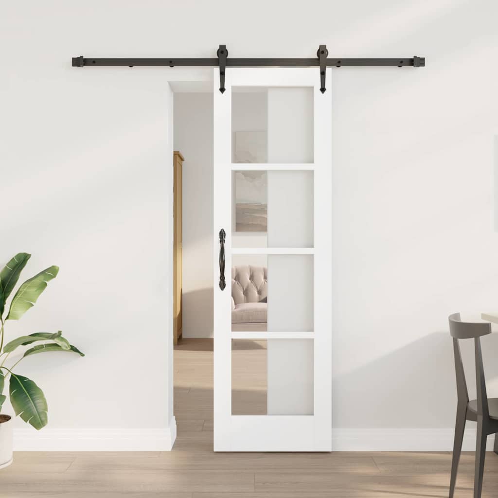 Sliding Door Solid Pine Wood and Glass White 183 cm White and Black 61 cm 198.5 cm