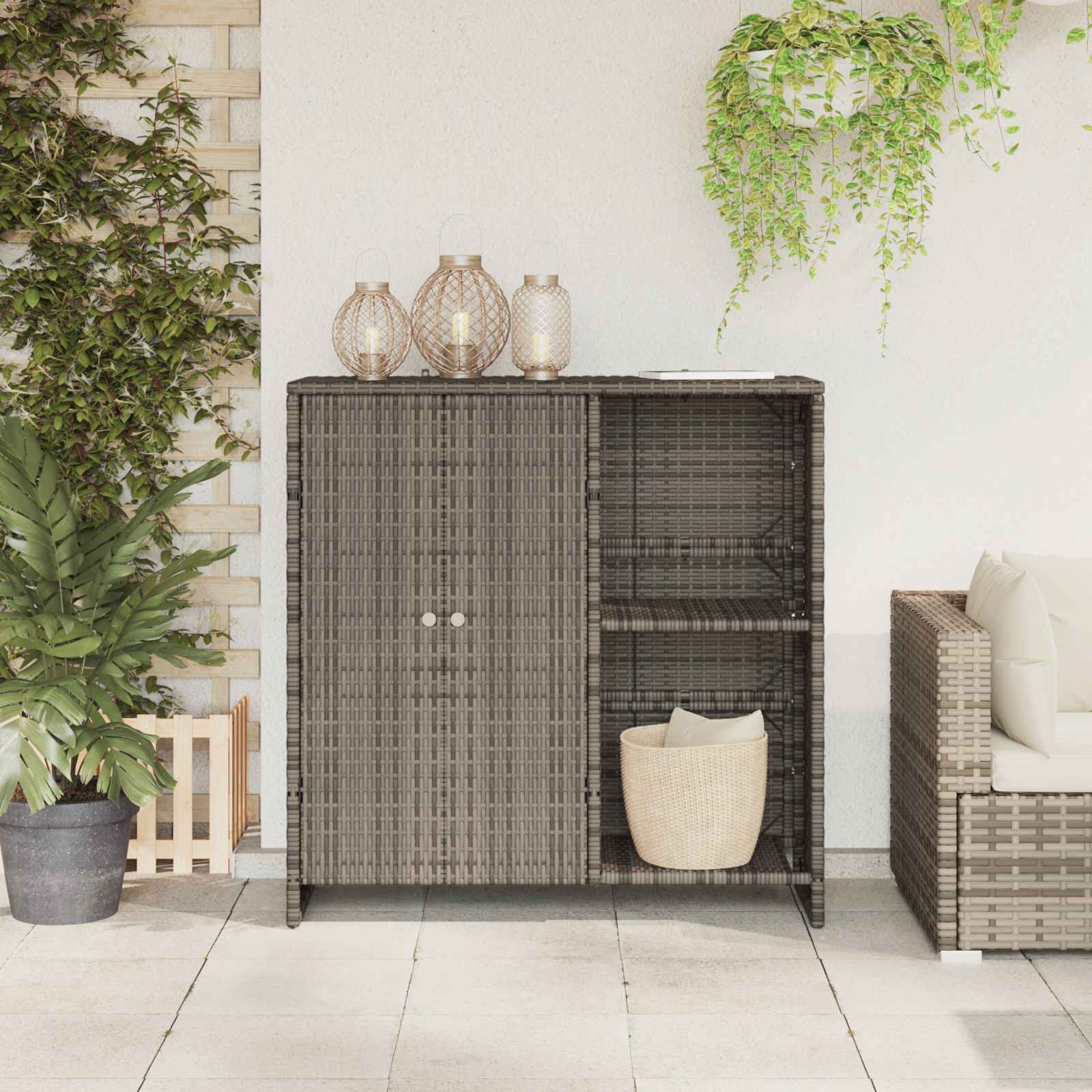 vidaXL Storage Cabinet with Shelf Grey 100 x 36 x 102 cm Rattan 3