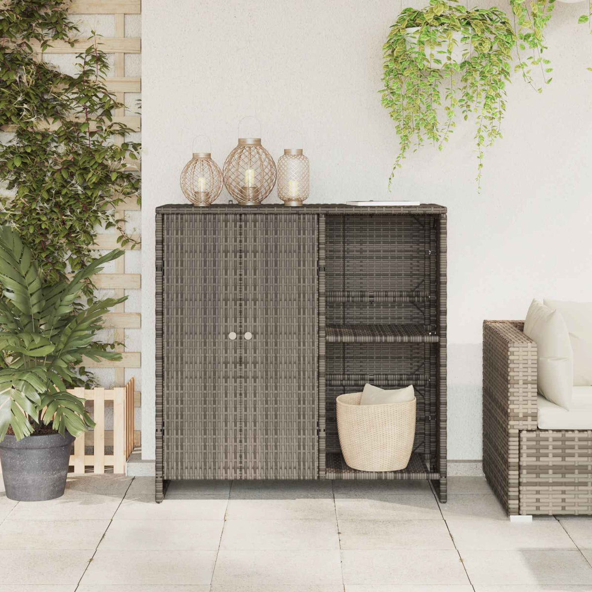 vidaXL Storage Cabinet with Shelf Grey 100 x 36 x 102 cm Rattan 3