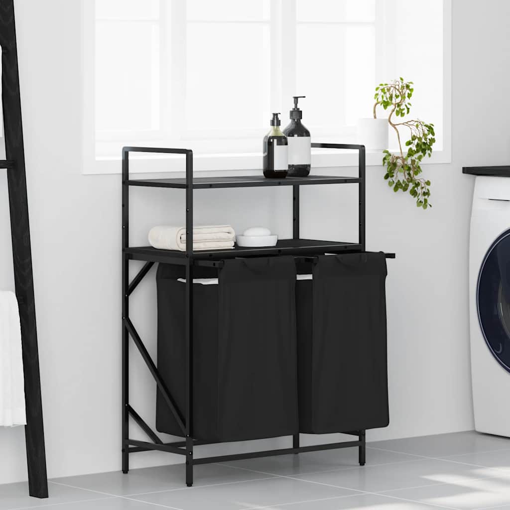 vidaXL Laundry Basket 2 Compartments with Shelves Black Oak 1
