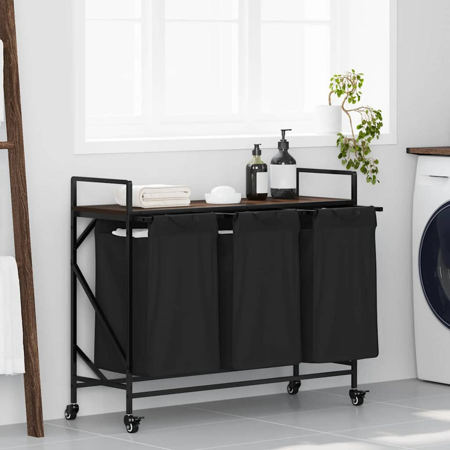 Laundry Basket 3 Compartments with Wheels Brown Oak