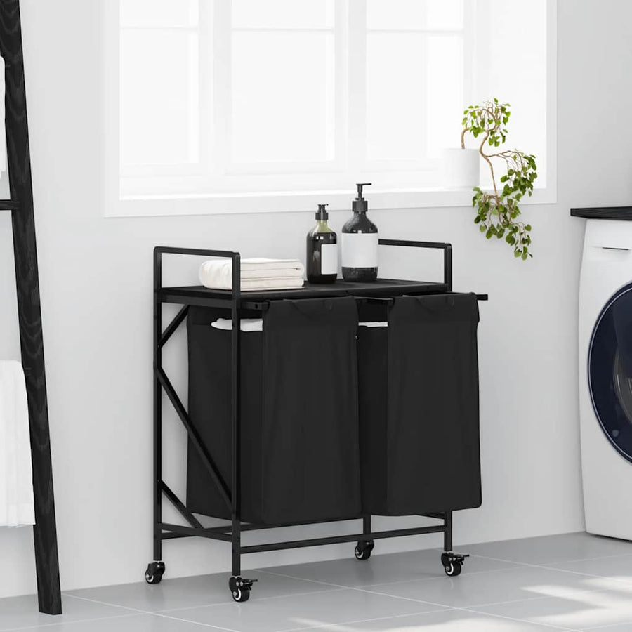 Laundry Basket 2 Compartments with Wheels Black Oak