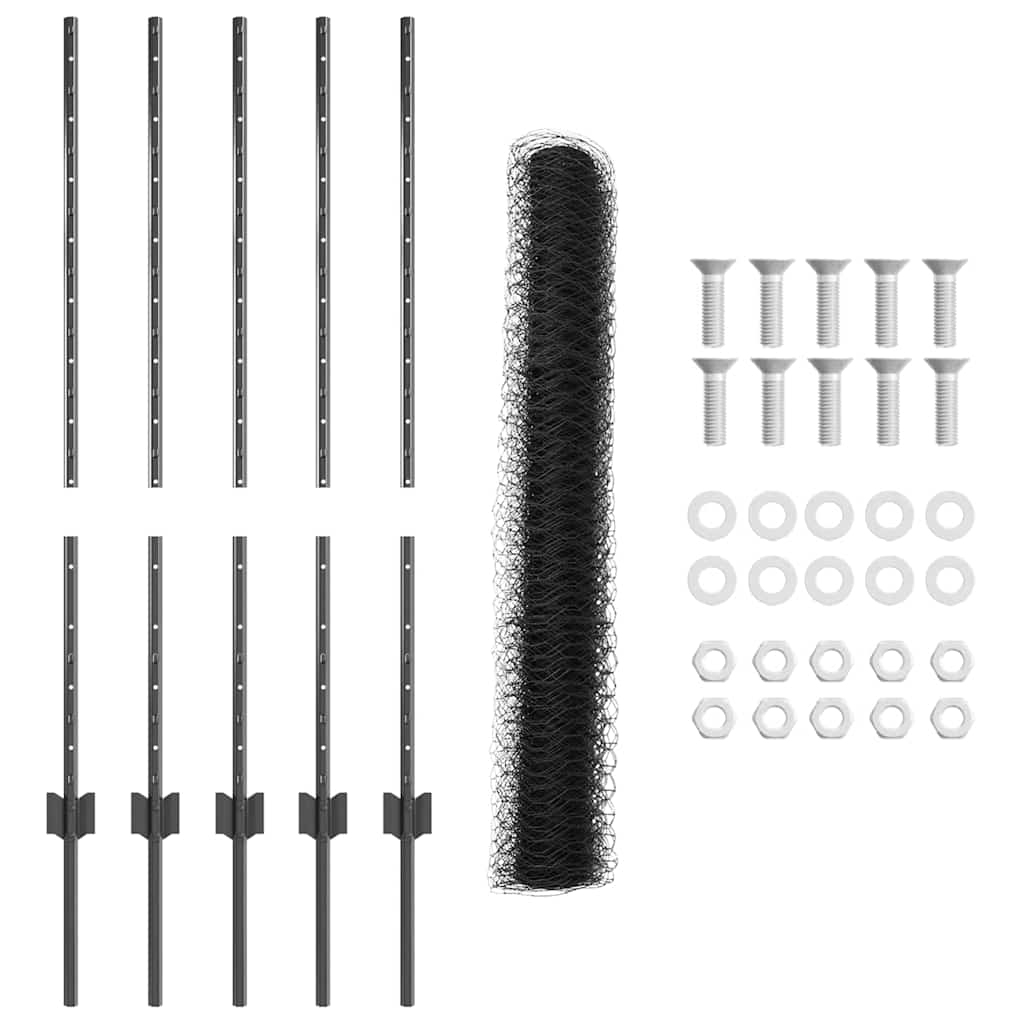 vidaXL Hexagonal Fence with Post 10 x 0.8 m PVC-Coated Steel Grey Mesh 6