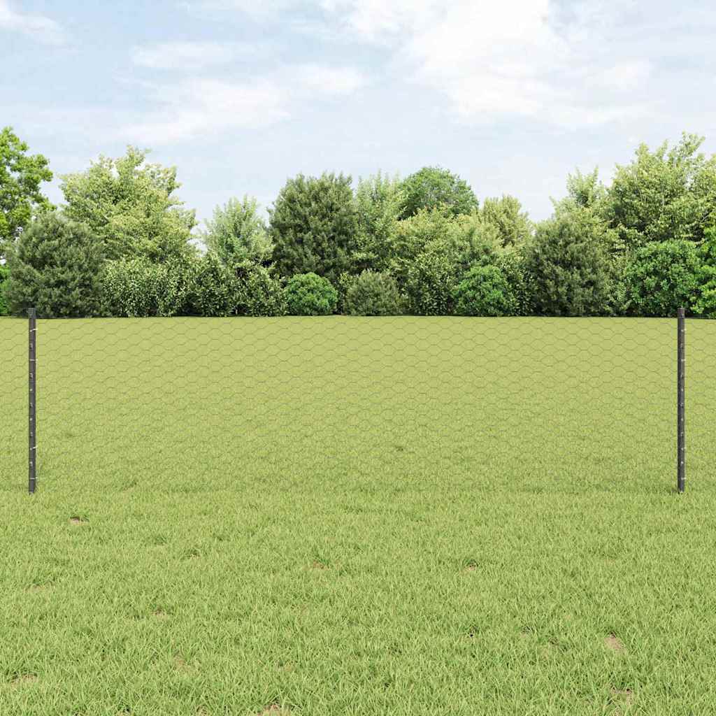 vidaXL Hexagonal Fence with Post 25 x 0.6 m PVC-Coated Steel Grey Mesh 1