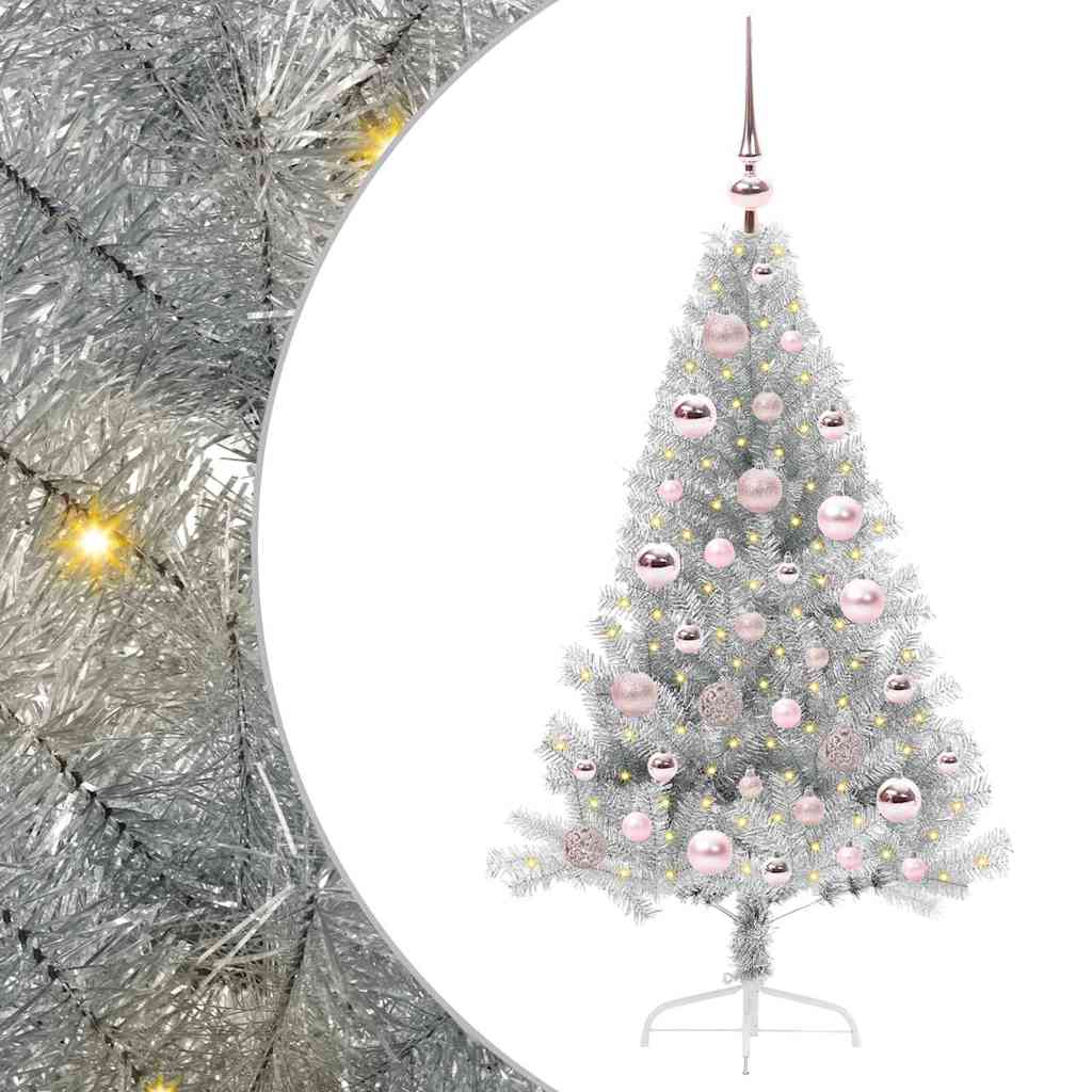 Artificial Pre-lit Christmas Tree PET 120 cm Silver with 61 pink balls