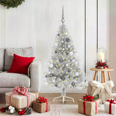 Artificial Pre-lit Christmas Tree PET 150 cm Silver with 60 white/grey balls