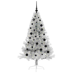 Artificial Pre-lit Christmas Tree PET 150 cm Silver with 61 black balls