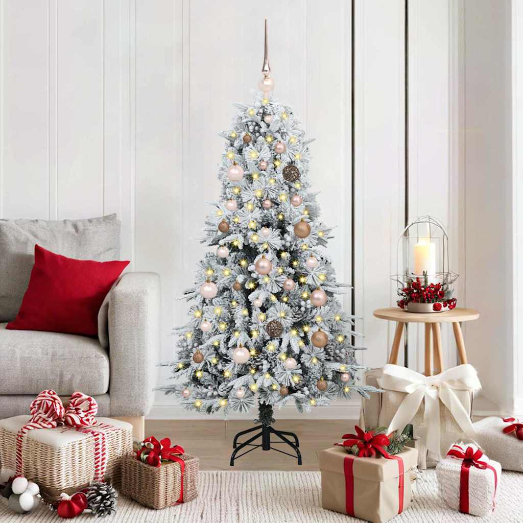 Artificial Hinged Christmas Tree White PE and PVC Green and white 150 cm with LEDs &rose gold balls