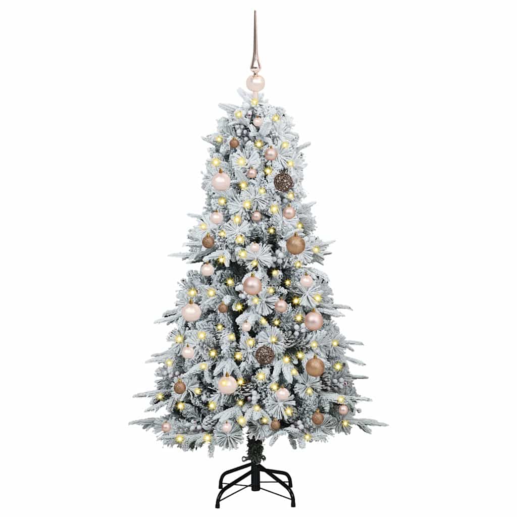 Artificial Hinged Christmas Tree White PE and PVC Green and white 150 cm with LEDs &rose gold balls