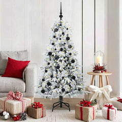 Artificial Hinged Christmas Tree White PE and PVC Green and white 150 cm with LEDs &black balls