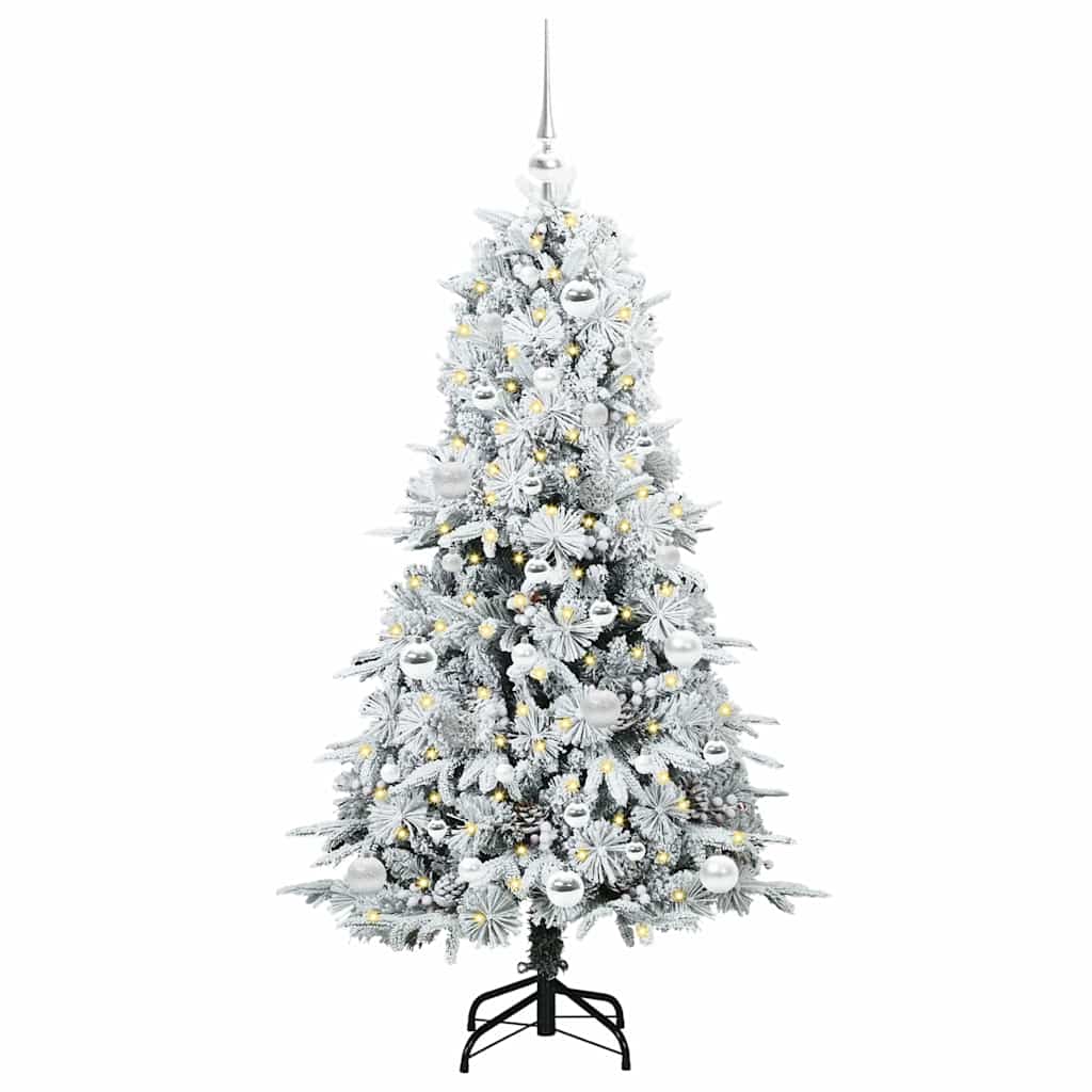 Artificial Hinged Christmas Tree White PE and PVC Green and white 150 cm with LEDs &silver balls