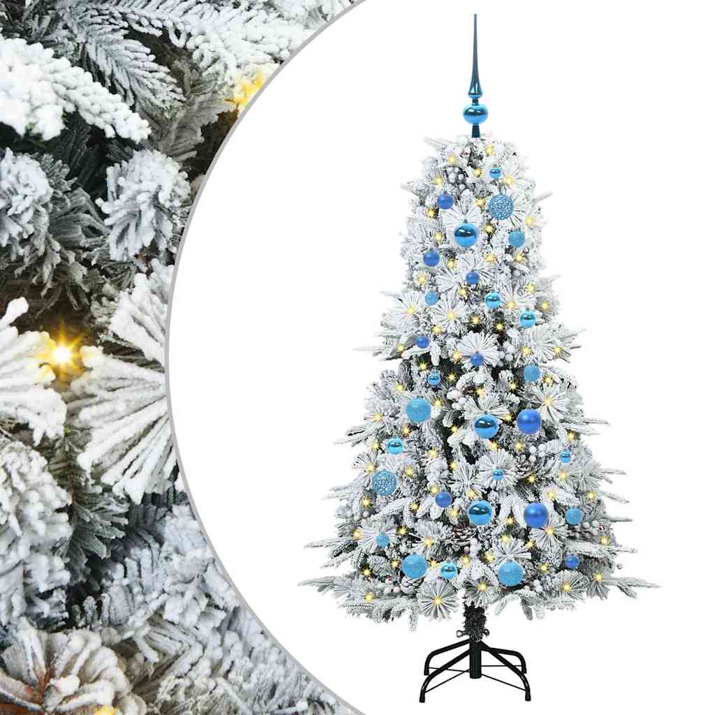 Artificial Hinged Christmas Tree White PE and PVC Green and white 150 cm with LEDs &blue balls