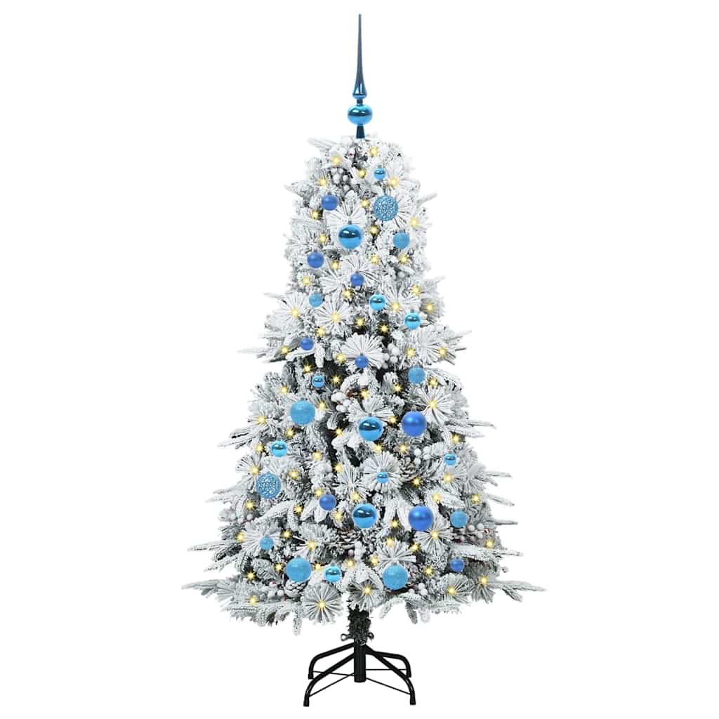 Artificial Hinged Christmas Tree White PE and PVC Green and white 150 cm with LEDs &blue balls