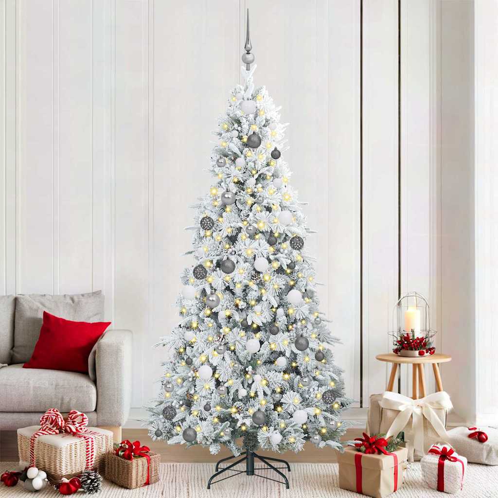 Artificial Hinged Christmas Tree White PE and PVC Green and White 210 cm with LEDs &white/grey balls