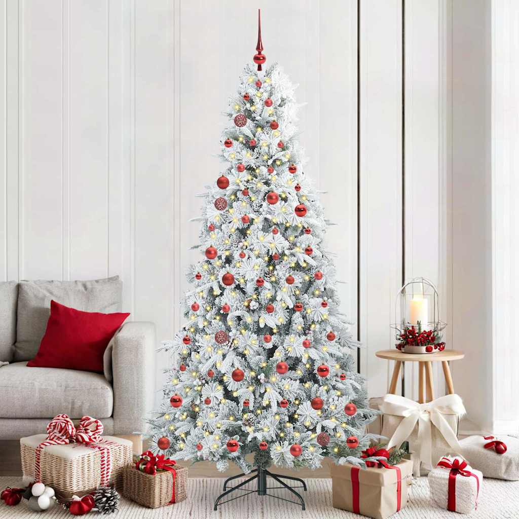 Artificial Hinged Christmas Tree White PE and PVC Green and White 210 cm with LEDs &red balls