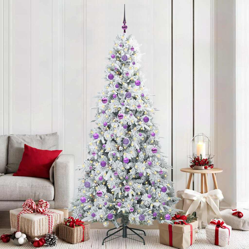 Artificial Hinged Christmas Tree White PE and PVC Green and White 210 cm with LEDs &lilac balls