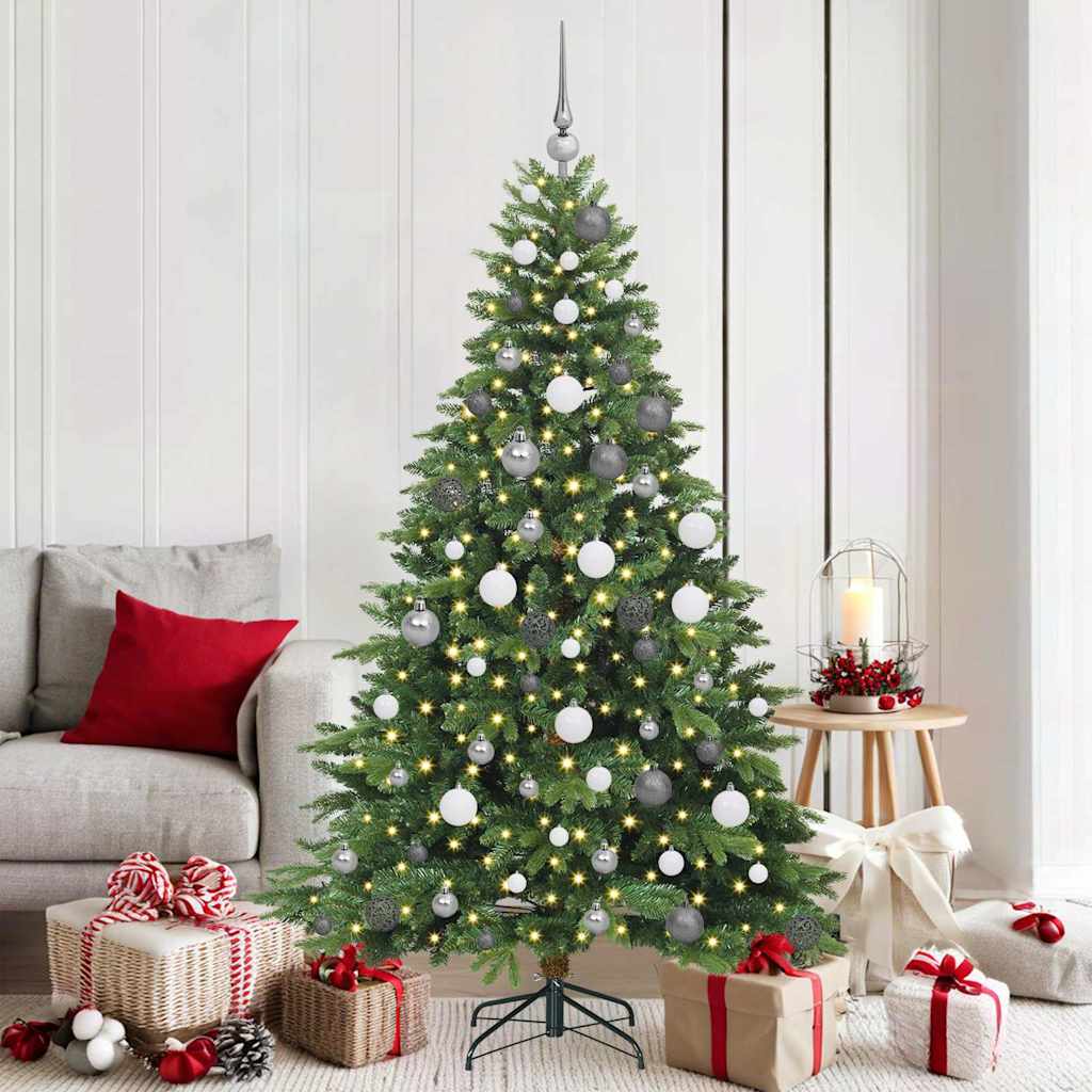 Artificial Christmas Tree with 300 LEDs PE and PVC Green 180 cm with LEDs &white/grey balls