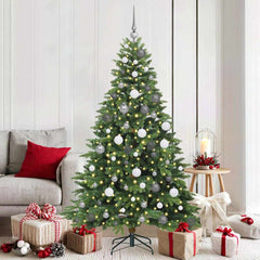 Artificial Christmas Tree with 300 LEDs PE and PVC Green 180 cm with LEDs &white/grey balls