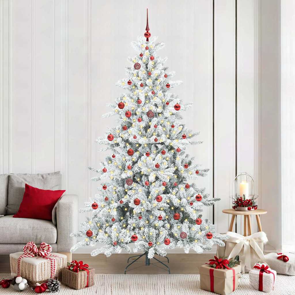 Artificial Hinged Christmas Tree PVC and Steel White 210 cm with LEDs &red balls