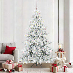 Artificial Hinged Christmas Tree PVC and Steel White 210 cm with LEDs &pink balls