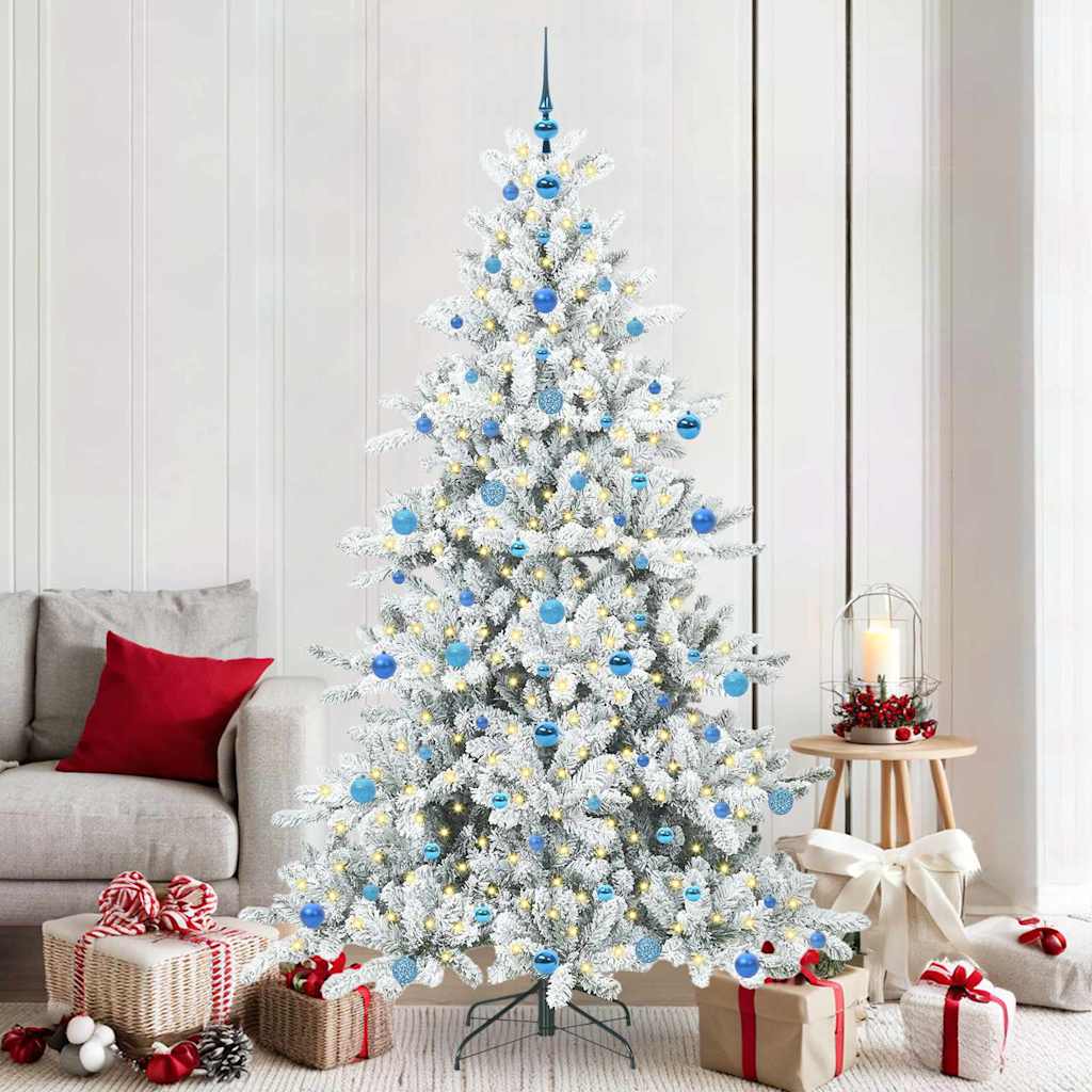 Artificial Hinged Christmas Tree PVC and Steel White 210 cm with LEDs &blue balls