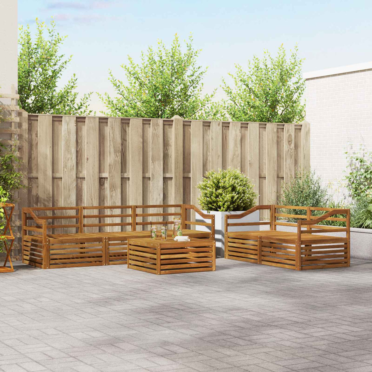 Outdoor Sofa Set 6 pcs 5-Seaters Solid Acacia Wood Natural Sloped