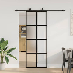 Sliding Door with Hardware Set Black 76x205 cm Tempered Glass Black, matt and transparent 76 cm 183 cm sliding rail