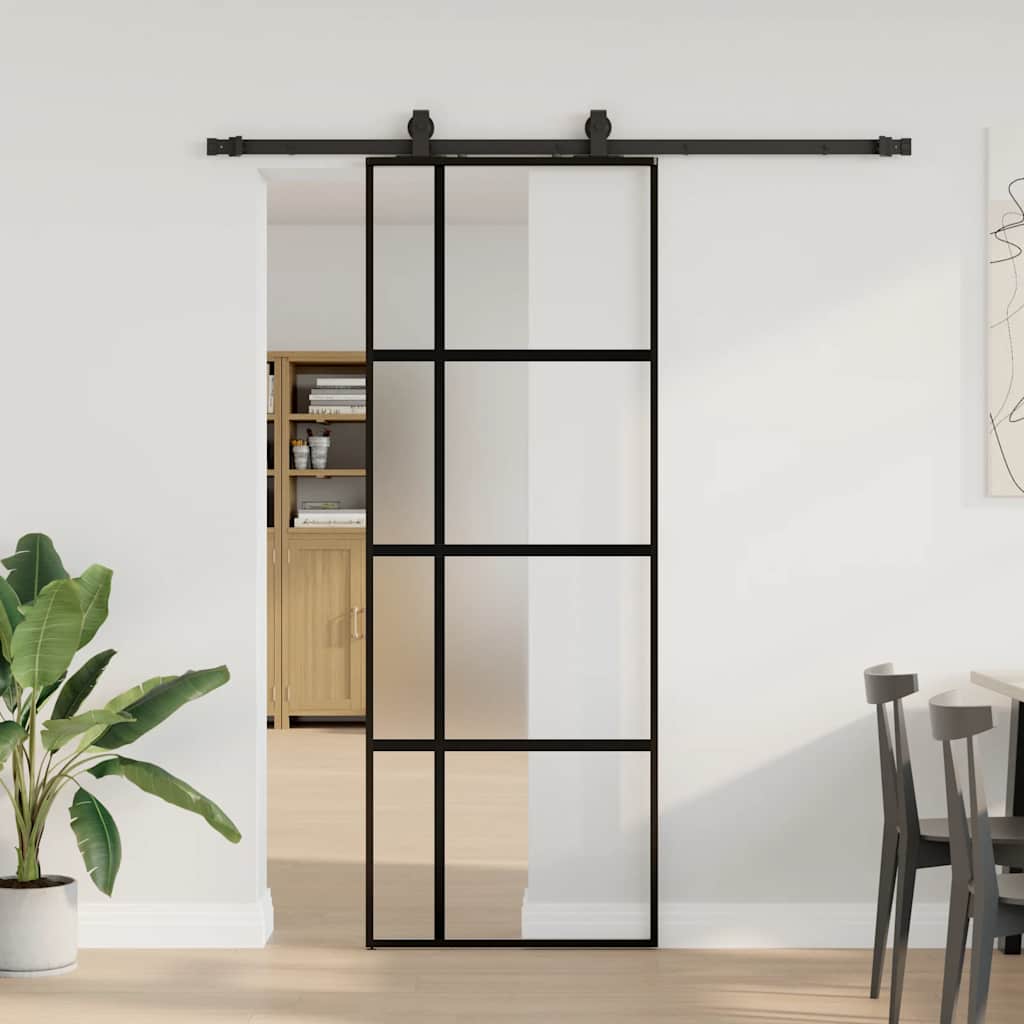 Sliding Door with Hardware Set Black 76x205 cm Tempered Glass 76 cm 183 cm sliding rail