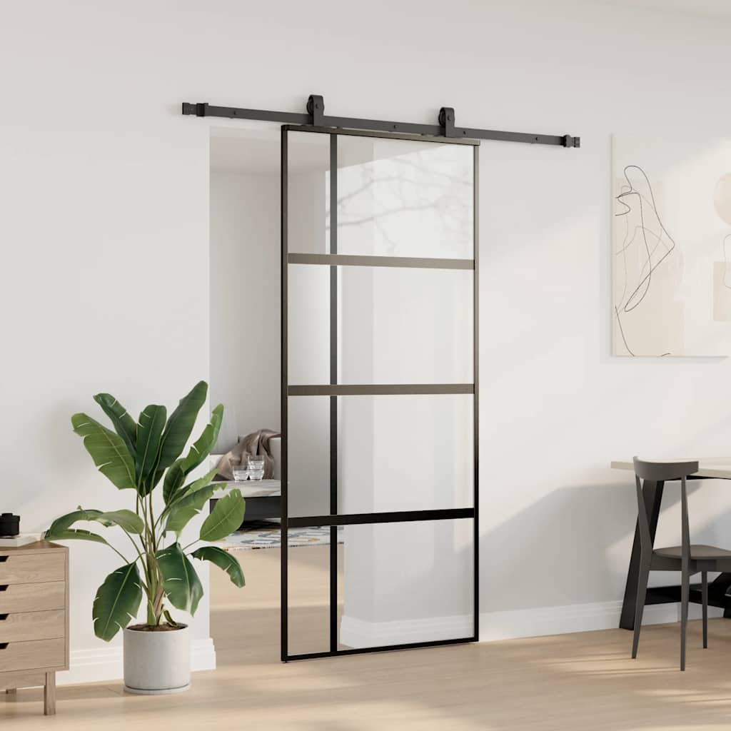 Sliding Door with Hardware Set Black 76x205 cm Tempered Glass 90 cm 183 cm sliding rail
