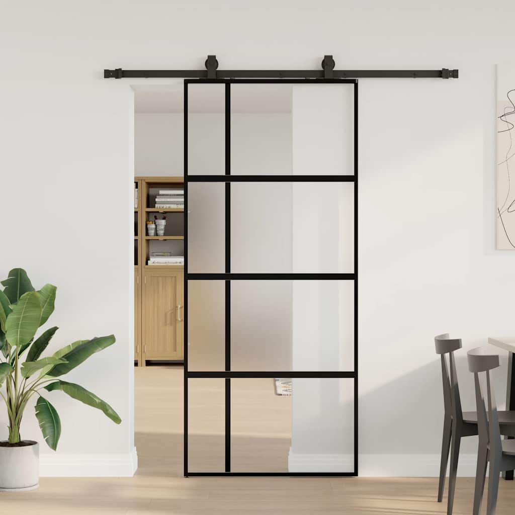 Sliding Door with Hardware Set Black 76x205 cm Tempered Glass 90 cm 183 cm sliding rail
