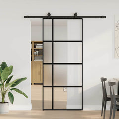 Sliding Door with Hardware Set Black 76x205 cm Tempered Glass 90 cm 183 cm sliding rail