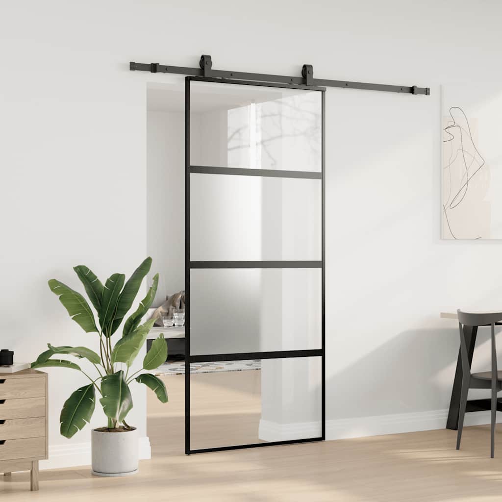 Sliding Door with Hardware Set Black 76x205 cm Tempered Glass Black and Matt 90 cm