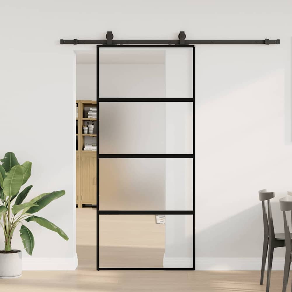 Sliding Door with Hardware Set Black 76x205 cm Tempered Glass Black and Matt 90 cm