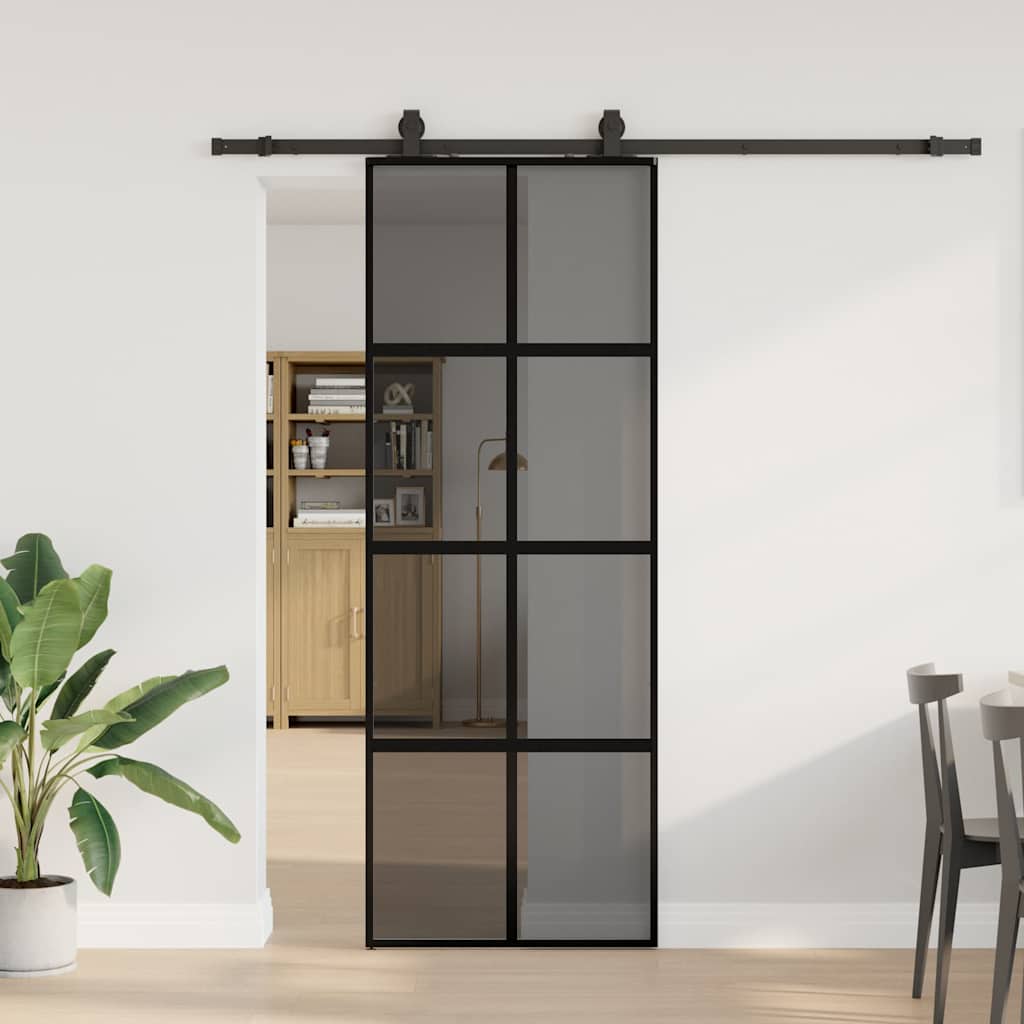 Sliding Door with Hardware Set Black 76x205 cm Tempered Glass Black and Matt 76 cm Transparent