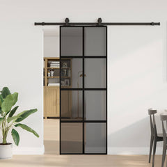 Sliding Door with Hardware Set Black 76x205 cm Tempered Glass Black and Matt 76 cm Transparent