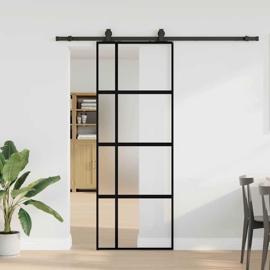 Sliding Door with Hardware Set Black 76x205 cm Tempered Glass 76 cm 200 cm sliding rail