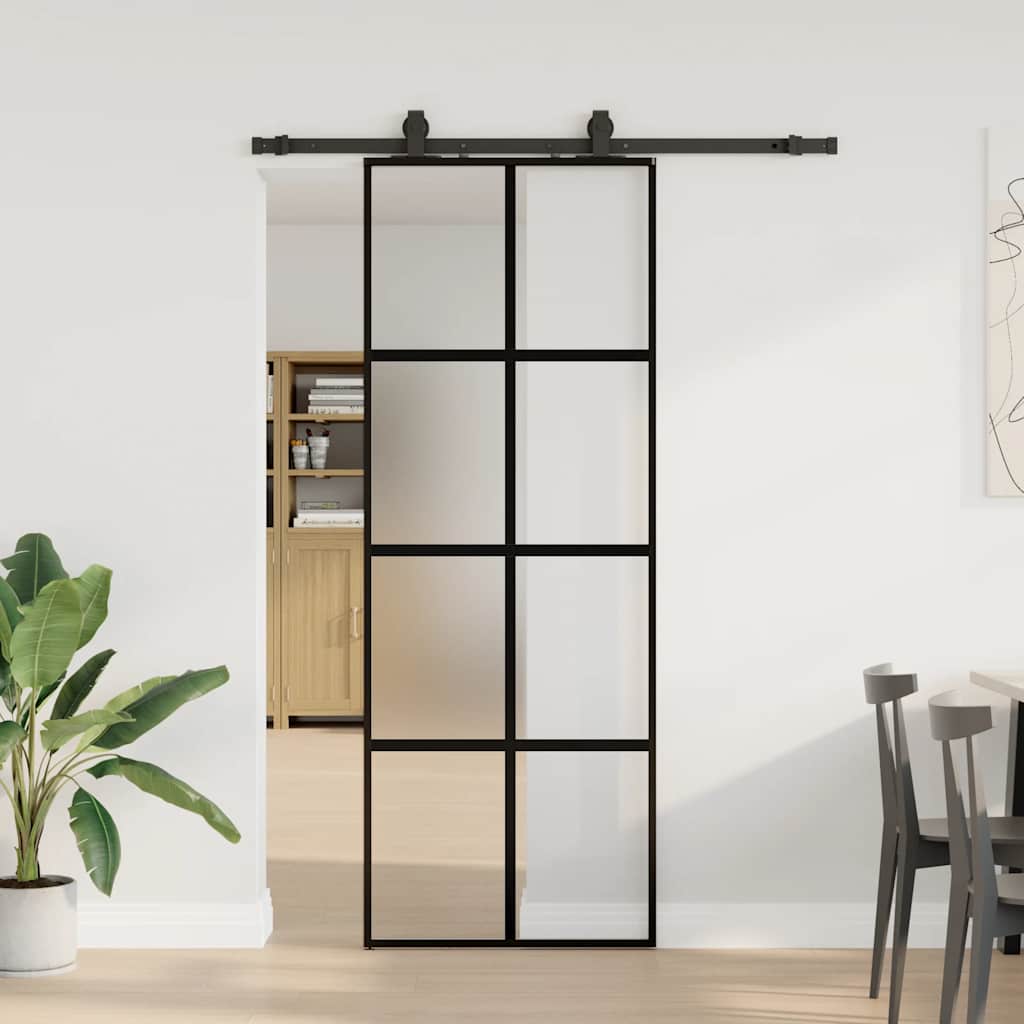 Sliding Door with Hardware Set Black 76x205 cm Tempered Glass Black, matt and transparent 76 cm 152,5 cm sliding rail