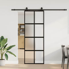 Sliding Door with Hardware Set Black 76x205 cm Tempered Glass Black, matt and transparent 76 cm 213 cm sliding rail