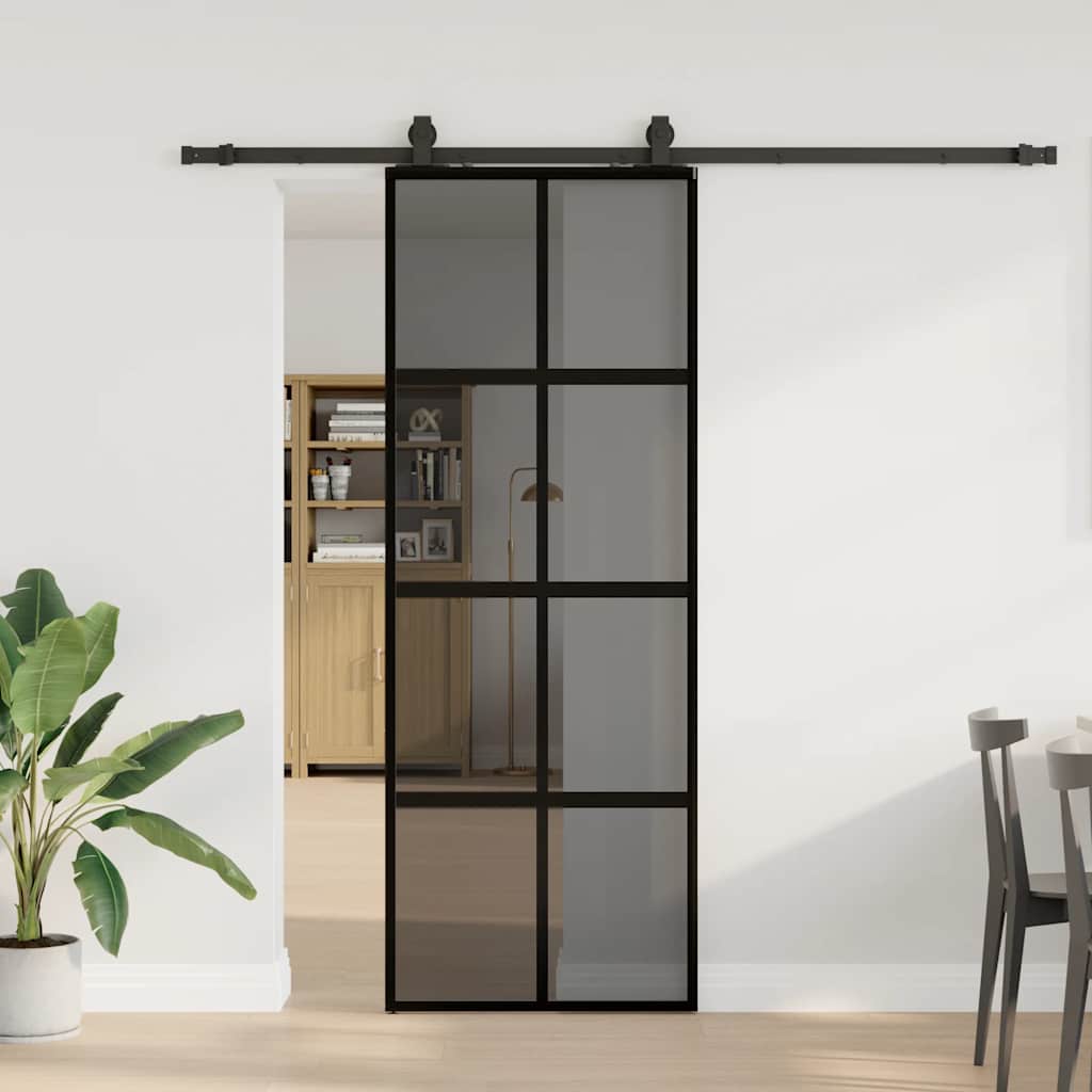 Sliding Door with Hardware Set Black 76x205 cm Tempered Glass Black and dark transparent 76 cm 213 cm sliding rail
