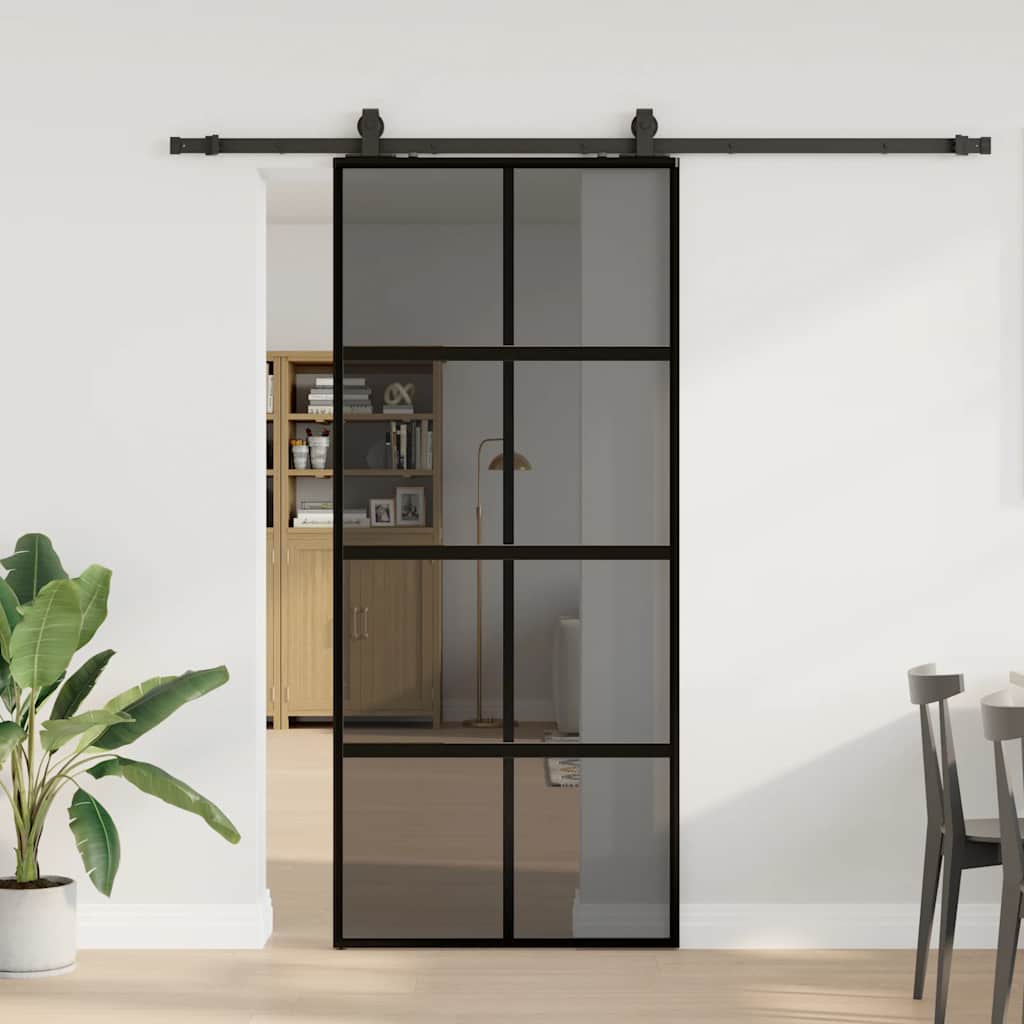Sliding Door with Hardware Set Black 76x205 cm Tempered Glass Black and dark transparent 90 cm 213 cm sliding rail