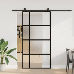 Sliding Door with Hardware Set Black 76x205 cm Tempered Glass 102.5 cm 213 cm sliding rail